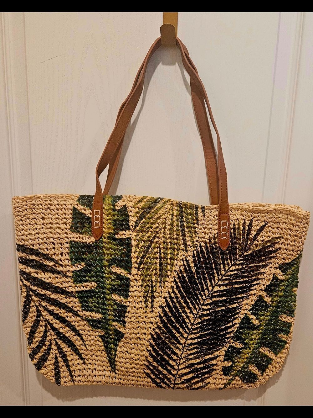 Macy's Woven Straw Tote with Green & Black Leaf Print and Brown Straps